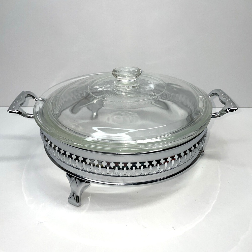 Vintage Anchor Hocking Fire King Glass 9" Pie Plate W Lid & Stand Vintage
